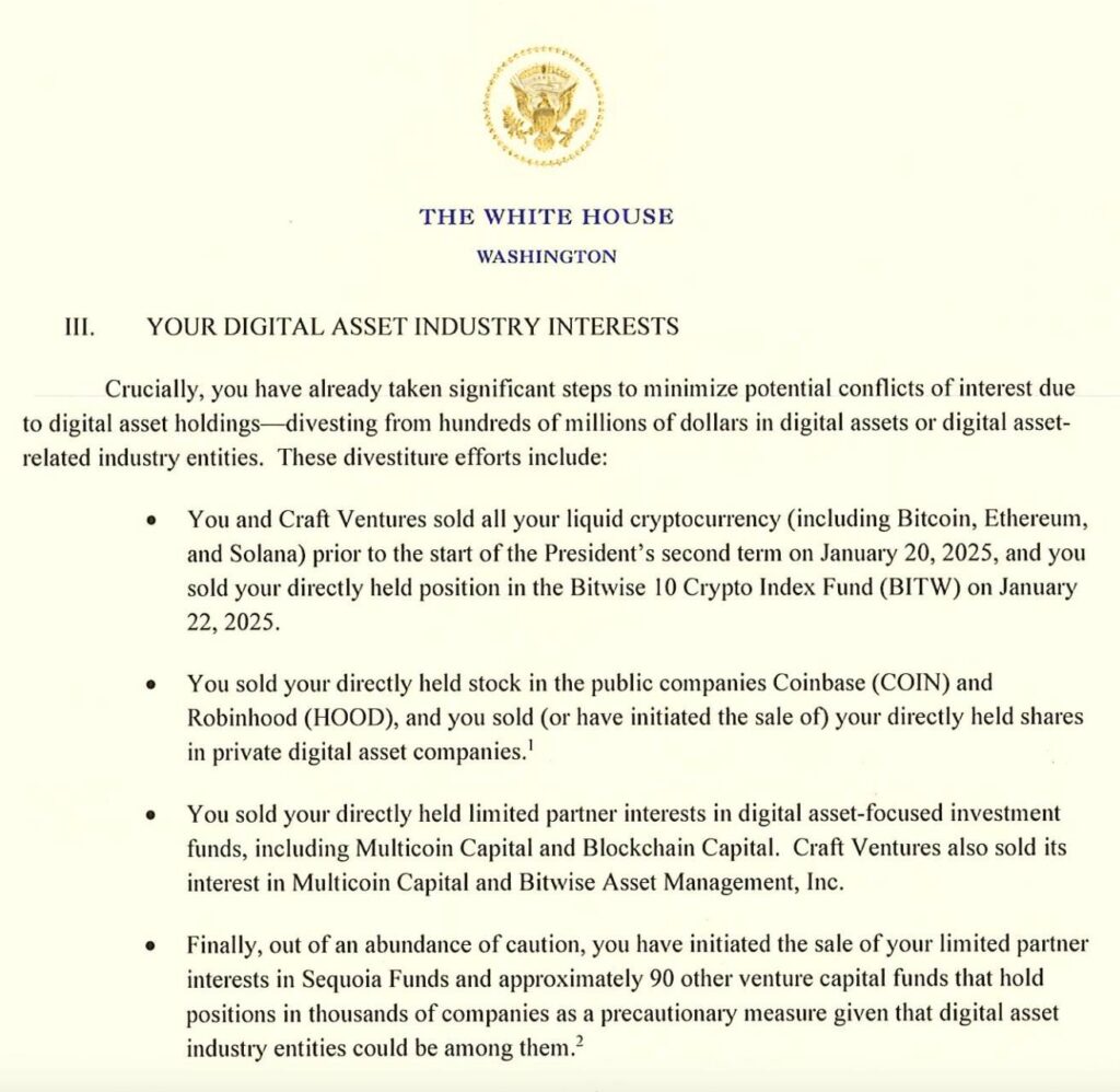 David Sacks Sells Off Crypto Holdings Before White House Role