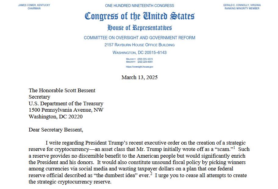 Lawmaker Critiques Proposed U.S. Cryptocurrency Reserve Over Conflicts of Interest