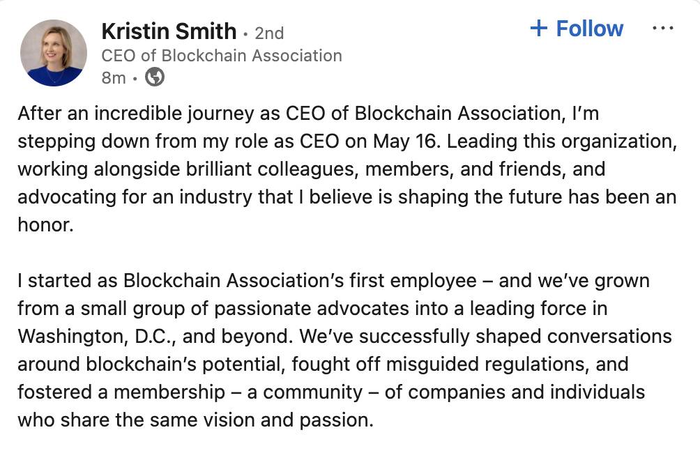 Kristin Smith Leaves Blockchain Association for Solana Policy Institute