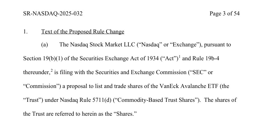 Nasdaq Files for VanEck Avalanche ETF Amid Growing Crypto Interest