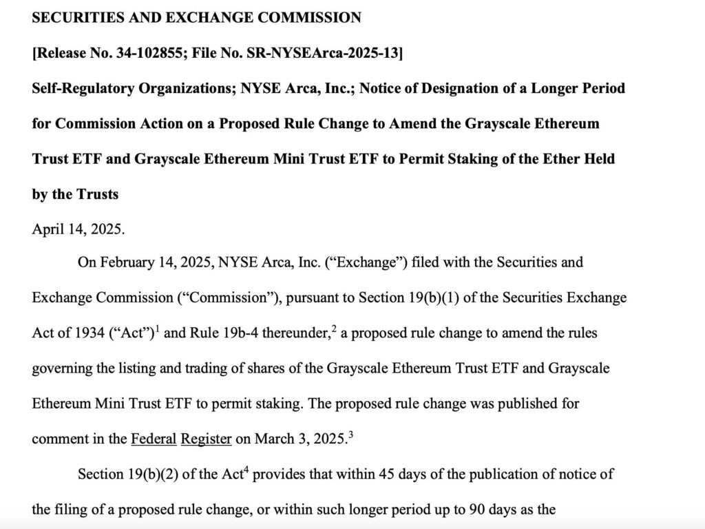 SEC Delays Decision on Ether Staking in Grayscale Funds